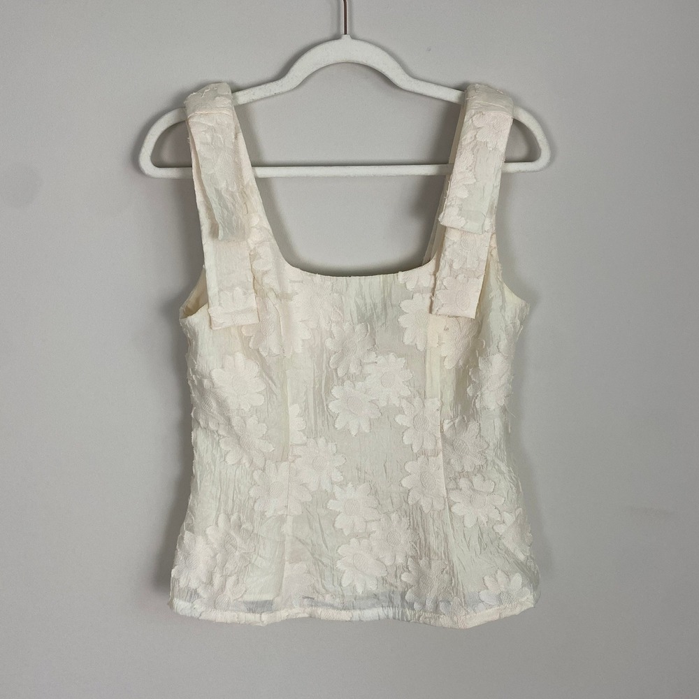 Abbey Glass Floral Jacquard Bow Tank Top Womens Small Cream Strap Square Neck